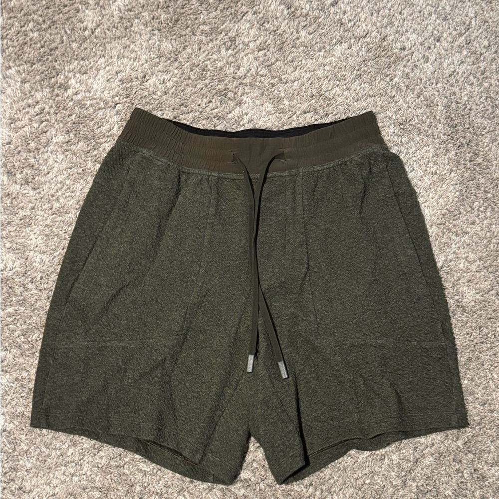 Lululemon Medium Olive Green At Ease Textured Shorts 7”